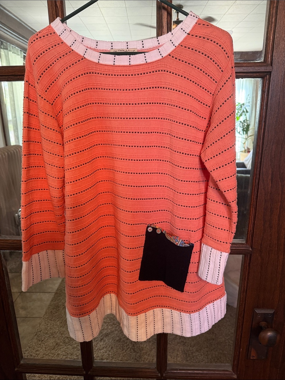 Margaret Winters Womens Coral Textured Knit Tunic Top Mixed Media Pocket Medium‎
